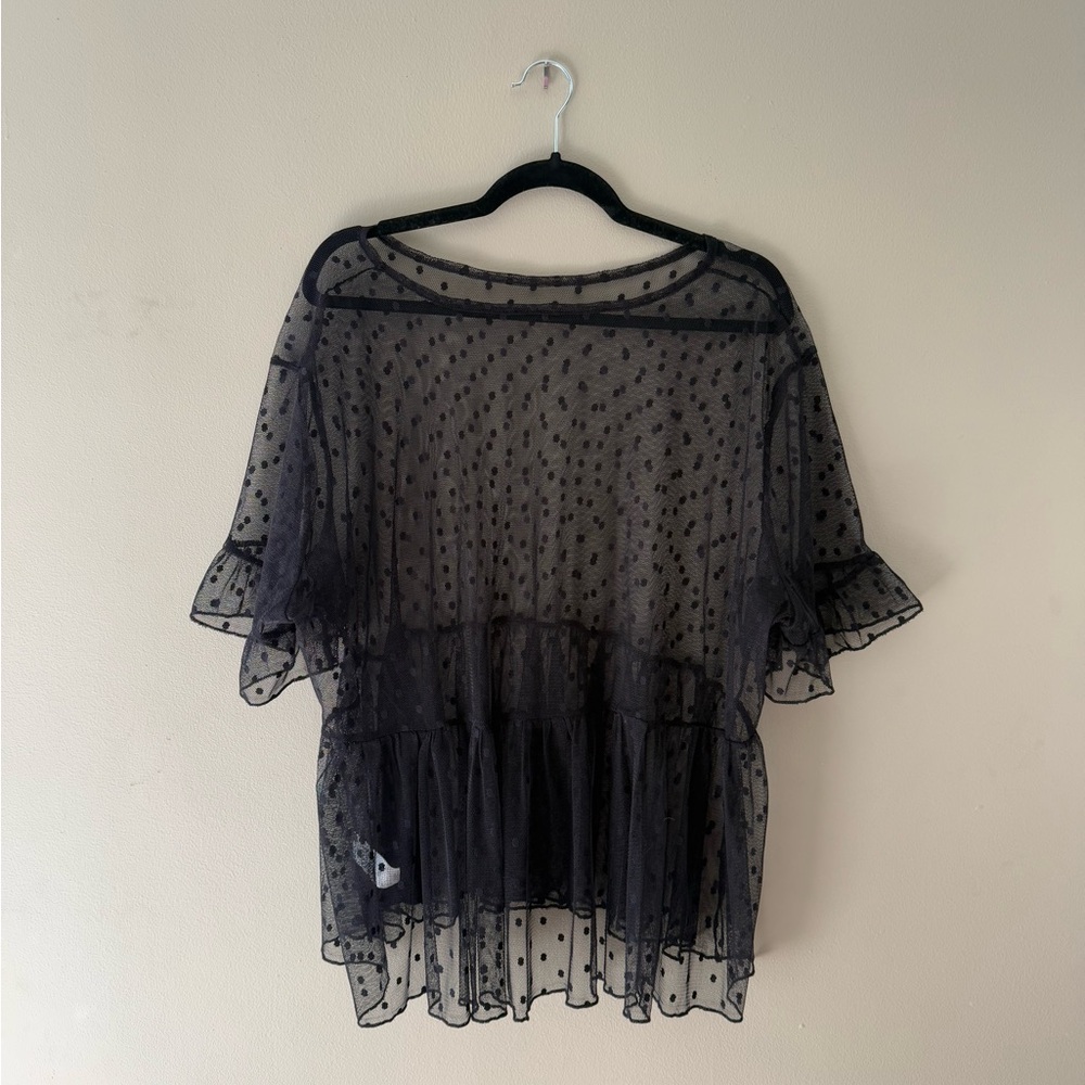 Plus Size Sheer Black Polkadot Peplum Blouse - 4X